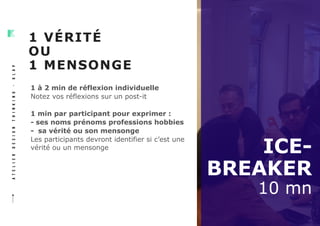 ATELIERDESIGNTHINKING-KLAP
1 à 2 min de réflexion individuelle
Notez vos réflexions sur un post-it
1 min par participant pour exprimer :
- ses noms prénoms professions hobbies
- sa vérité ou son mensonge
Les participants devront identifier si c’est une
vérité ou un mensonge
1 VÉRITÉ
OU
1 MENSONGE
ICE-
BREAKER
10 mn
 