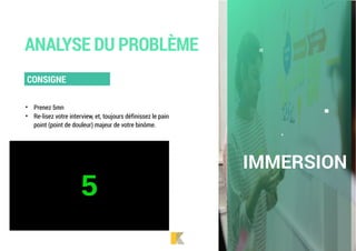 ANALYSE DU PROBLÈME
• Prenez 5mn
• Re-lisez votre interview, et, toujours définissez le pain
point (point de douleur) majeur de votre binôme.
💥
CONSIGNE
IMMERSION
 