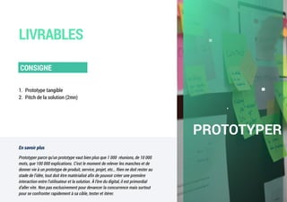 En savoir plus
Prototyper parce qu’un prototype vaut bien plus que 1 000 réunions, de 10 000
mots, que 100 000 explications. C’est le moment de relever les manches et de
donner vie à un prototype de produit, service, projet, etc… Rien ne doit rester au
stade de l’idée, tout doit être matérialisé afin de pouvoir créer une première
interaction entre l’utilisateur et la solution. À l’ère du digital, il est primordial
d’aller vite. Non pas exclusivement pour devancer la concurrence mais surtout
pour se confronter rapidement à sa cible, tester et itérer.
LIVRABLES
1. Prototype tangible
2. Pitch de la solution (2mn)
CONSIGNE
PROTOTYPER
 
