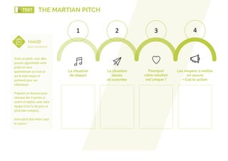 La situation  
idéale 
et concrète
La situation  
de départ
Pourquoi  
votre solution  
est unique ?
Les moyens à mettre 
en œuvre
+ Call to action
1 2 3 4
1min30  
pour convaincre
Grâce au pitch, vous allez
pouvoir approfondir votre
projet en vous
questionnant sur tout ce
qui le rend unique et
pertinent pour vos
utilisateurs.
Préparez un discours pour
chacune des 4 parties ci-
contre et répétez avec votre
équipe (c’est la clé pour un
pitch bien compris).
Votre pitch doit rester court
et concis !
THE MARTIAN PITCHTEST
 