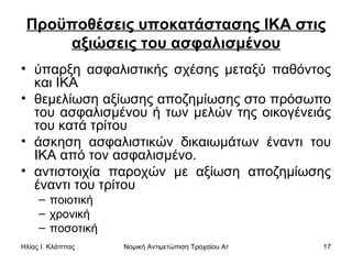 Προϋποθέσεις υποκατάστασης ΙΚΑ στις αξιώσεις του ασφαλισμένου ύπαρξη ασφαλιστικής σχέσης μεταξύ παθόντος και ΙΚΑ θεμελίωση αξίωσης αποζημίωσης στο πρόσωπο του ασφαλισμένου ή των μελών της οικογένειάς του κατά τρίτου άσκηση ασφαλιστικών δικαιωμάτων έναντι του ΙΚΑ από τον ασφαλισμένο. αντιστοιχία παροχών με αξίωση αποζημίωσης έναντι του τρίτου ποιοτική χρονική ποσοτική  