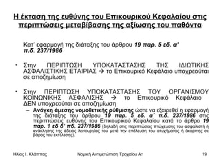 Η έκταση της ευθύνης του Επικουρικού Κεφαλαίου στις περιπτώσεις μεταβίβασης της αξίωσης του παθόντα Κατ’ εφαρμογή της διάταξης του άρθρου  19 παρ. 5 εδ. α’  π.δ. 237/1986   Στην ΠΕΡΙΠΤΩΣΗ ΥΠΟΚΑΤΑΣΤΑΣΗΣ ΤΗΣ ΙΔΙΩΤΙΚΗΣ ΑΣΦΑΛΙΣΤΙΚΗΣ ΕΤΑΙΡΙΑΣ    το Επικουρικό Κεφάλαιο υποχρεούται σε αποζημίωση Στην ΠΕΡΙΠΤΩΣΗ ΥΠΟΚΑΤΑΣΤΑΣΗΣ ΤΟΥ ΟΡΓΑΝΙΣΜΟΥ ΚΟΙΝΩΝΙΚΗΣ ΑΣΦΑΛΙΣΗΣ    το Επικουρικό Κεφάλαιο  ΔΕΝ υποχρεούται σε αποζημίωση Ανάγκη άμεσης νομοθετικής ρύθμισης  ώστε να εξαιρεθεί η εφαρμογή της διάταξης του άρθρου  19 παρ. 5 εδ. α΄ π.δ. 237/1986  στις περιπτώσεις ευθύνης του Επικουρικού Κεφαλαίου κατά το άρθρο  19 παρ. 1 εδ δ’ πδ. 237/1986   (δηλαδή στις περιπτώσεις πτώχευσης του ασφαλιστή ή ανάκλησης της άδειας λειτουργίας του μετά την επέλευση του ατυχήματος ή άκαρπης σε βάρος του εκτέλεσης).  
