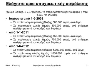 Ελάχιστα όρια υποχρεωτικής ασφάλισης   (άρθρο 33 παρ. 2 ν.3746/2009,  το οποίο τροποποίησε το άρθρο  6 παρ. 5 του ΠΔ 237/86) Ισχύοντα από 1-6-2009   Σε περίπτωση σωματικής βλάβης 500.000 ευρώ,  ανά θύμα. Σε περίπτωση υλικής ζημιάς 500.000 ευρώ,  ανά ατύχημα,  ανεξάρτητα από τον αριθμό των θυμάτων  από 1-1-2011   Σε περίπτωση σωματικής βλάβης 750.000 ευρώ,  ανά θύμα. Σε περίπτωση υλικής ζημιάς 750.000 ευρώ,  ανά ατύχημα , ανεξάρτητα από τον αριθμό των θυμάτων  από 1-6-2012  Σε περίπτωση σωματικής βλάβης 1.000.000 ευρώ,  ανά θύμα . Σε περίπτωση υλικής ζημιάς 1.000.000 ευρώ,  ανά ατύχημα,  ανεξάρτητα από τον αριθμό των θυμάτων  