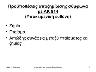Προϋποθέσεις αποζημίωσης σύμφωνα με ΑΚ 914 (Υποκειμενική ευθύνη) Ζημία Πταίσμα  Αιτιώδης συνάφεια μεταξύ πταίσματος και ζημίας  