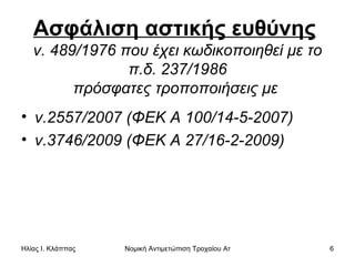Ασφάλιση αστικής ευθύνης   ν. 489/1976 που έχει κωδικοποιηθεί με το π.δ. 237/1986 πρόσφατες τροποποιήσεις με   ν.2557/2007 (ΦΕΚ Α 100/14-5-2007)  ν.3746/2009 (ΦΕΚ Α 27/16-2-2009)   