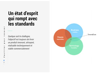 Faciliterpourinnover
4
Un état d’esprit
qui rompt avec
les standards
Quelque soit le challegne,
l’objectif est toujours de livrer
un produit innovant, attrayant,
réalisable techniquement et
viable commercialement
 