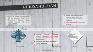 The Power of PowerPoint | thepopp.com 14
WHO
 WHO  katarak menyebabkan
20 juta kebutaan tahun 2010.
Prevalensi katarak pada
individu berusia >50 tahun
adalah 47,8%.
 Penyebab gangguan penglihatan
terbanyak : gangguan refraksi yang
tidak terkoreksi, diikuti oleh katarak
dan glaucoma.
 Penyebab kebutaan terbanyak :
katarak, glaukoma
 Katarak atau kekeruhan lensa
mata merupakan salah satu
penyebab kebutaan terbanyak
Indonesia
 Jawa Timur berada pada urutan
pertama
 