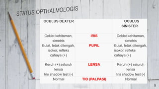 OCULUS DEXTER OCULUS
SINISTER
Coklat kehitaman,
simetris
IRIS Coklat kehitaman,
simetris
Bulat, letak ditengah,
isokor, refleks
cahaya (+)
PUPIL Bulat, letak ditengah,
isokor, refleks
cahaya (+)
Keruh (+) seluruh
lensa
Iris shadow test (-)
LENSA Keruh (+) seluruh
lensa
Iris shadow test (-)
Normal TIO (PALPASI) Normal
9
 