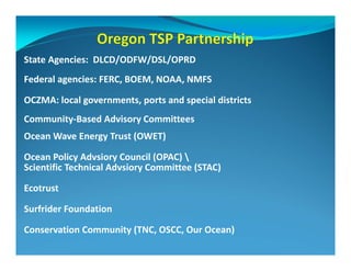 State Agencies:  DLCD/ODFW/DSL/OPRD
Federal agencies: FERC, BOEM, NOAA, NMFS

OCZMA: local governments, ports and special districts
Community‐Based Advisory Committees 
Ocean Wave Energy Trust (OWET)

Ocean Policy Advsiory Council (OPAC) 
Scientific Technical Advsiory Committee (STAC)

Ecotrust

Surfrider Foundation

Conservation Community (TNC, OSCC, Our Ocean)
 