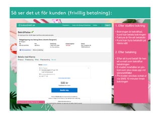 Så ser det ut för kunden (frivillig betalning):
1.  Efter  slutförd  bokning:
• Bokningen  är  bekräftad,  
kund  kan  betala  bokningen
• Faktura  är  förvalt  betalsätt
• Kund  kan  byta  betalsätt  på  
nästa  sätt
2.  Efter  betalning
• Efter  att  kund  betalt  får  hen  
ett  e-­mail  som  bekräftar  
betalningen
• E-­mailet  innehåller  en  pin-­
kod som  ska  visas  upp  vid  
tjänstetillfället
• Pin-­koden skickas  också  ut  
via  SMS  10  minuter  innan  
bokningen
Bo  Testgren
Bo.testgren@bokadirekt.se
 