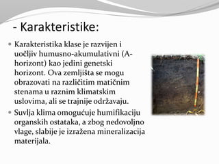 - Karakteristike:
 Karakteristika klase je razvijen i
uočljiv humusno-akumulativni (A-
horizont) kao jedini genetski
horizont. Ova zemljišta se mogu
obrazovati na različitim matičnim
stenama u raznim klimatskim
uslovima, ali se trajnije održavaju.
 Suvlja klima omogućuje humifikaciju
organskih ostataka, a zbog nedovoljno
vlage, slabije je izražena mineralizacija
materijala.
 