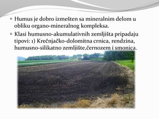  Humus je dobro izmešten sa mineralnim delom u
obliku organo-mineralnog kompleksa.
 Klasi humusno-akumulativnih zemljišta pripadaju
tipovi: 1) Krečnjačko-dolomitna crnica, rendzina,
humusno-silikatno zemljište,černozem i smonica.
 