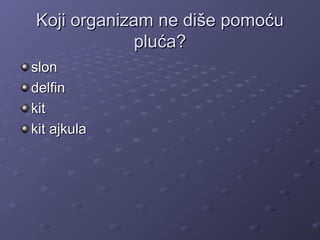 Koji organizam ne diše pomoćuKoji organizam ne diše pomoću
pluća?pluća?
slonslon
delfindelfin
kitkit
kit ajkulakit ajkula
 