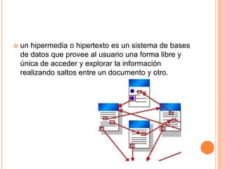 un hipermedia o hipertexto es un sistema de bases de datos que provee al usuario una forma libre y única de acceder y explorar la información realizando saltos entre un documento y otro. 