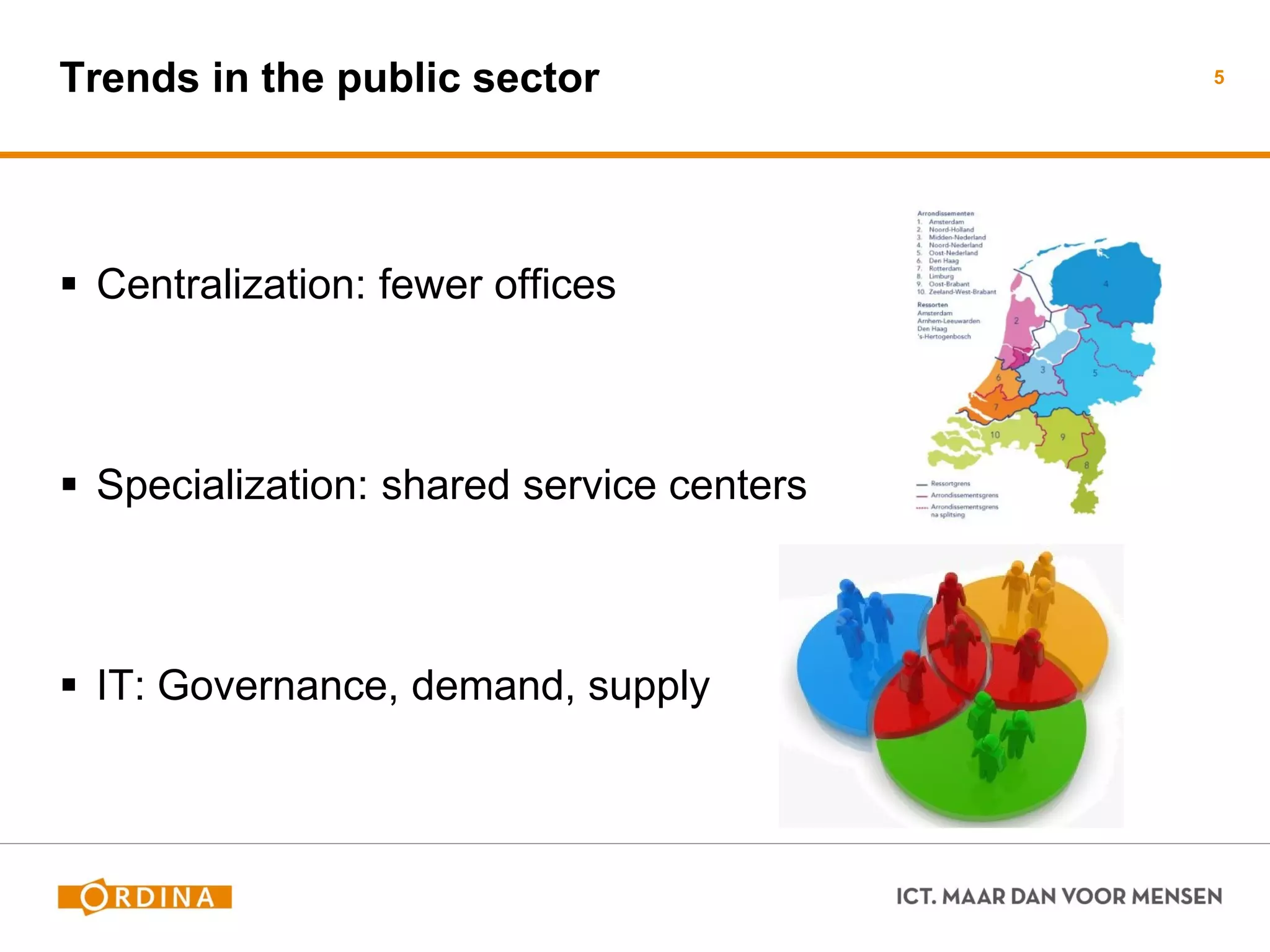 Trends in the public sector 
Centralization: fewer offices 
Specialization: shared service centers 
IT: Governance, demand, supply 
5  