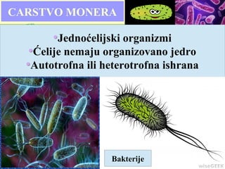 CARSTVO MONERA
Jednoćelijski organizmi
Ćelije nemaju organizovano jedro
Autotrofna ili heterotrofna ishrana
Bakterije
 
