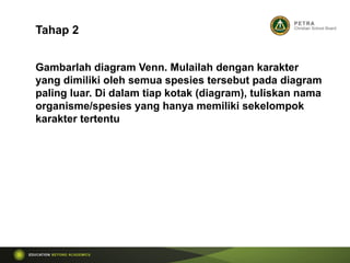 Tahap 2
Gambarlah diagram Venn. Mulailah dengan karakter
yang dimiliki oleh semua spesies tersebut pada diagram
paling luar. Di dalam tiap kotak (diagram), tuliskan nama
organisme/spesies yang hanya memiliki sekelompok
karakter tertentu
 