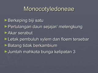 Monocotyledoneae
► Berkeping biji satu
► Pertulangan daun sejajar/ melengkung
► Akar serabut
► Letak pembuluh xylem dan floem tersebar
► Batang tidak berkambium
► Jumlah mahkota bunga kelipatan 3

 