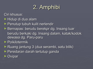 2. Amphibi
Ciri khusus:
► Hidup di dua alam
► Penutup tubuh kulit nerlendir
► Bernapas: berudu berekpr dg. Insang luar
berudu berkaki dg. Insang dalam, katak/kodok
dewasa dg. Paru-paru
► Poikilotermik
► Ruang jantung 3 (dua serambi, satu bilik)
► Peredaran darah tertutup ganda
► Ovipar

 