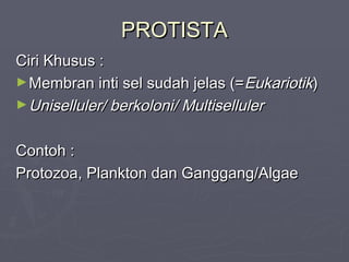 PROTISTA
Ciri Khusus :
► Membran inti sel sudah jelas (= Eukariotik)
► Uniselluler/ berkoloni/ Multiselluler
Contoh :
Protozoa, Plankton dan Ganggang/Algae

 