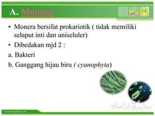 www.themegallery.com
A. Monera
• Monera bersifat prokariotik ( tidak memiliki
selaput inti dan uniseluler)
• Dibedakan mjd 2 :
a. Bakteri
b. Ganggang hijau biru ( cyanophyta)
 