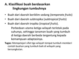 A. Klasifikasi buah berdasarkan
lingkungan tumbuhnya
• Buah dari daerah beriklim sedang (temperate fruits)
• Buah dari daerah subtropika (subtropical fruits)
• Buah dari daerah tropika (tropical fruits).
Perbedaan utama ketiga wilayah terletak pada
suhunya, sehingga tanaman buah yang tumbuh
di ketiga daerah berbeda tergantung kepada
kemampuan adaptasinya.
Tugas: Mempelajari sifat tiga wilayah tempat tumbuh memberi
contoh buahan yang tumbuh baik di wilayah yang
bersangkutan.
 