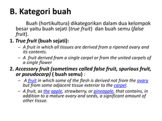 B. Kategori buah
Buah (hortikultura) dikategorikan dalam dua kelompok
besar yaitu buah sejati (true fruit) dan buah semu (false
fruit).
1. True fruit (buah sejati):
 A fruit in which all tissues are derived from a ripened ovary and
its contents.
 A fruit derived from a single carpel or from the united carpels of
a single flower
2. Accessory fruit (sometimes called false fruit, spurious fruit,
or pseudocarp) ( buah semu) :
 A fruit in which some of the flesh is derived not from the ovary
but from some adjacent tissue exterior to the carpel.
 A fruit, as the apple, strawberry, or pineapple, that contains, in
addition to a mature ovary and seeds, a significant amount of
other tissue.
 