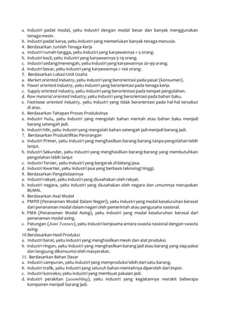 a. Industri padat modal, yaitu industri dengan modal besar dan banyak menggunakan
tenaga mesin.
b. Industri padat karya, yaitu industri yang memerlukan banyak tenaga manusia.
4. Berdasarkan Jumlah Tenaga Kerja
a. Industri rumah tangga, yaitu industri yang karyawannya < 5 orang.
b. Industri kecil, yaitu industri yang karyawannya 5-19 orang.
c. Industri sedang/menengah, yaitu industri yang karyawannya 20-99 orang.
d. Industri besar, yaitu industri yang karyawannya > 100 orang.
5. Berdasarkan Lokasi Unit Usaha
a. Market oriented Industry, yaitu industri yang berorientasi pada pasar (konsumen).
b. Power oriented industry, yaitu industri yang berorientasi pada tenaga kerja.
c. Supply oriented industry, yaitu industri yang berorientasi pada tempat pengolahan.
d. Raw material oriented industry, yaitu industri yang berorientasi pada bahan baku.
e. Footloose oriented industry, yaitu industri yang tidak berorientasi pada hal-hal tersebut
di atas.
6. Berdasarkan Tahapan Proses Produksinya
a. Industri hulu, yaitu industri yang mengolah bahan mentah atau bahan baku menjadi
barang setengah jadi.
b. Industri hilir, yaitu industri yang mengolah bahan setengah jadi menjadi barang jadi.
7. Berdasarkan Produktifitas Perorangan
a. Industri Primer, yaitu industri yang menghasilkan barang-barang tanpa pengolahan lebih
lanjut.
b. Industri Sekunder, yaitu industri yang menghasilkan barang-barang yang membutuhkan
pengolahan lebih lanjut
c. Industri Tersier, yaitu industri yang bergerak di bidang jasa.
d. Industri Kwartier, yaitu industri jasa yang berbasis teknologi tinggi.
8. Berdasarkan Pengelolaannya
a. Industri rakyat, yaitu industri yang diusahakan oleh rakyat.
b. Industri negara, yaitu industri yang diusahakan oleh negara dan umumnya merupakan
BUMN.
9. Berdasarkan Asal Modal
a. PMPD (Penanaman Modal Dalam Negeri), yaitu industri yang modal keseluruhan berasal
dari penanaman modal dalam negeri oleh pemerintah atau pengusaha nasional.
b. PMA (Penanaman Modal Asing), yaitu industri yang modal keseluruhan berasal dari
penanaman modal asing.
c. Patungan (Joint Venture), yaitu industri kerjasama antara swasta nasional dengan swasta
asing.
10.Berdasarkan Hasil Produksi
a. Industri berat, yaitu industri yang menghasilkan mesin dan alat produksi.
b. Industri ringan, yaitu industri yang menghasilkan barang jadi atau barang yang siap pakai
dan langsung dikonsumsi oleh masyarakat.
11. Berdasarkan Bahan Dasar
a. Industri campuran, yaitu industri yang memproduksi lebih dari satu barang.
b. Industri trafik, yaitu industri yang seluruh bahan mentahnya diperoleh dari impor.
c. Industri konveksi, yaitu industri yang membuat pakaian jadi.
d. Industri perakitan (assembling), yaitu industri yang kegiatannya merakit beberapa
komponen menjadi barang jadi.
 