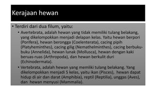 Kerajaan hewan
• Terdiri dari dua filum, yaitu:
• Avertebrata, adalah hewan yang tidak memiliki tulang belakang,
yang dikelompokkan menjadi delapan kelas. Yaitu hewan berpori
(Porifera), hewan berongga (Coelenterata), cacing pipih
(Platyheminthes), cacing gilig (Nemathelminthes), cacing berbuku-
buku (Annelida), hewan lunak (Mollusca), hewan dengan kaki
beruas-ruas (Arthropoda), dan hewan berkulit duri
(Echinodermata).
• Vertebrata, adalah hewan yang memliki tulang belakang. Yang
dikelompokkan menjadi 5 kelas, yaitu ikan (Pisces), hewan dapat
hidup di air dan darat (Amphibia), reptil (Reptilia), unggas (Aves),
dan hewan menyusi (Mammalia).
 