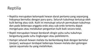 Reptilia
• Reptilia merupakan kelompok hewan darat pertama yang sepanjang
hidupnya bernafas dengan paru-paru. Seluruh tubuhnya tertutup oleh
kulit kering atau sisik. Kulit ini menutupi seluruh permukaan tubuhnya
dan pada beberapa anggota ordo atau sub-ordo tertentu dapat
mengelupas atau melakukan pergantian kulit baik secara total,
• Reptil merupakan hewan berdarah dingin yaitu suhu tubuhnya
bergantung pada suhu lingkungan atau poikiloterm.
• Hampir seluruh hewan melata itu berkembang biak dengan bertelur
(ovipar), walaupun terdapat beberapa hewan melata dari golongan
spesie squamata itu yang melahirkan.
 