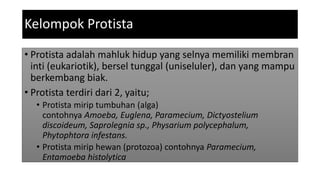 Kelompok Protista
• Protista adalah mahluk hidup yang selnya memiliki membran
inti (eukariotik), bersel tunggal (uniseluler), dan yang mampu
berkembang biak.
• Protista terdiri dari 2, yaitu;
• Protista mirip tumbuhan (alga)
contohnya Amoeba, Euglena, Paramecium, Dictyostelium
discoideum, Saprolegnia sp., Physarium polycephalum,
Phytophtora infestans.
• Protista mirip hewan (protozoa) contohnya Paramecium,
Entamoeba histolytica
 