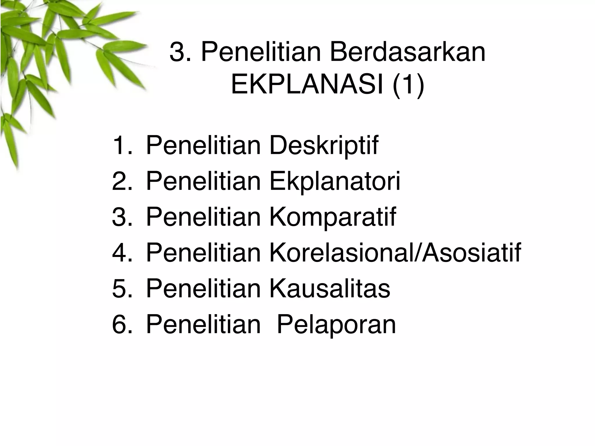 3. Penelitian Berdasarkan
            EKPLANASI (1)

1.   Penelitian Deskriptif
2.   Penelitian Ekplanatori
3.   Penelitian Komparatif
4.   Penelitian Korelasional/Asosiatif
5.   Penelitian Kausalitas
6.   Penelitian Pelaporan
 
