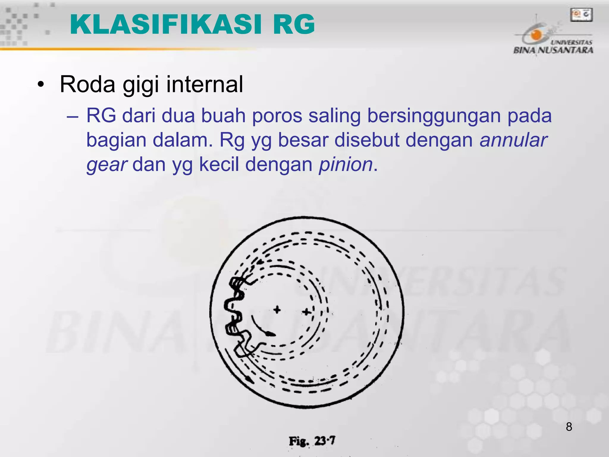 KLASIFIKASI RG
• Roda gigi internal
– RG dari dua buah poros saling bersinggungan pada
bagian dalam. Rg yg besar disebut dengan annular
gear dan yg kecil dengan pinion.

8

 