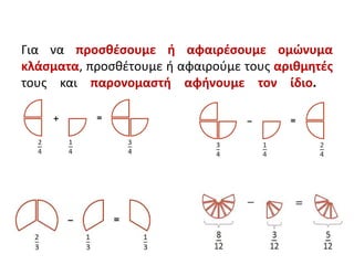 Για να προσθέσουμε ή αφαιρέσουμε ομώνυμα
κλάσματα, προσθέτουμε ή αφαιρούμε τους αριθμητές
τους και παρονομαστή αφήνουμε τον ίδιο.
 