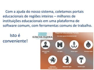 Com a ajuda do nosso sistema, coletamos portais
educacionais de regiões inteiras – milhares de
instituições educacionais em uma plataforma de
software comum, com ferramentas comuns de trabalho.
Isto é
conveniente!
 