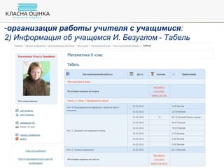 -организация работы учителя с учащимися:
2) Информация об учащемся И. Безуглом - Табель
 