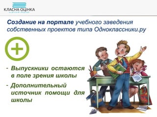 Создание на портале учебного заведения
собственных проектов типа Одноклассники.ру
- Выпускники остаются
в поле зрения школы
- Дополнительный
источник помощи для
школы
 