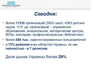− более 11210 организаций (5500 школ, 4583 детских
садов, 1131 др. организаций – управления
образования, внешкольные, методические центры,
ВУЗы, колледжи, профессиональные, библиотеки)
− более 584 тыс. зарегистрированных пользователей
− в 73% районов всех областей Украины, из них
полностью - в 7 регионах.
Доля рынка Украины более 29%
Сегодня:
 