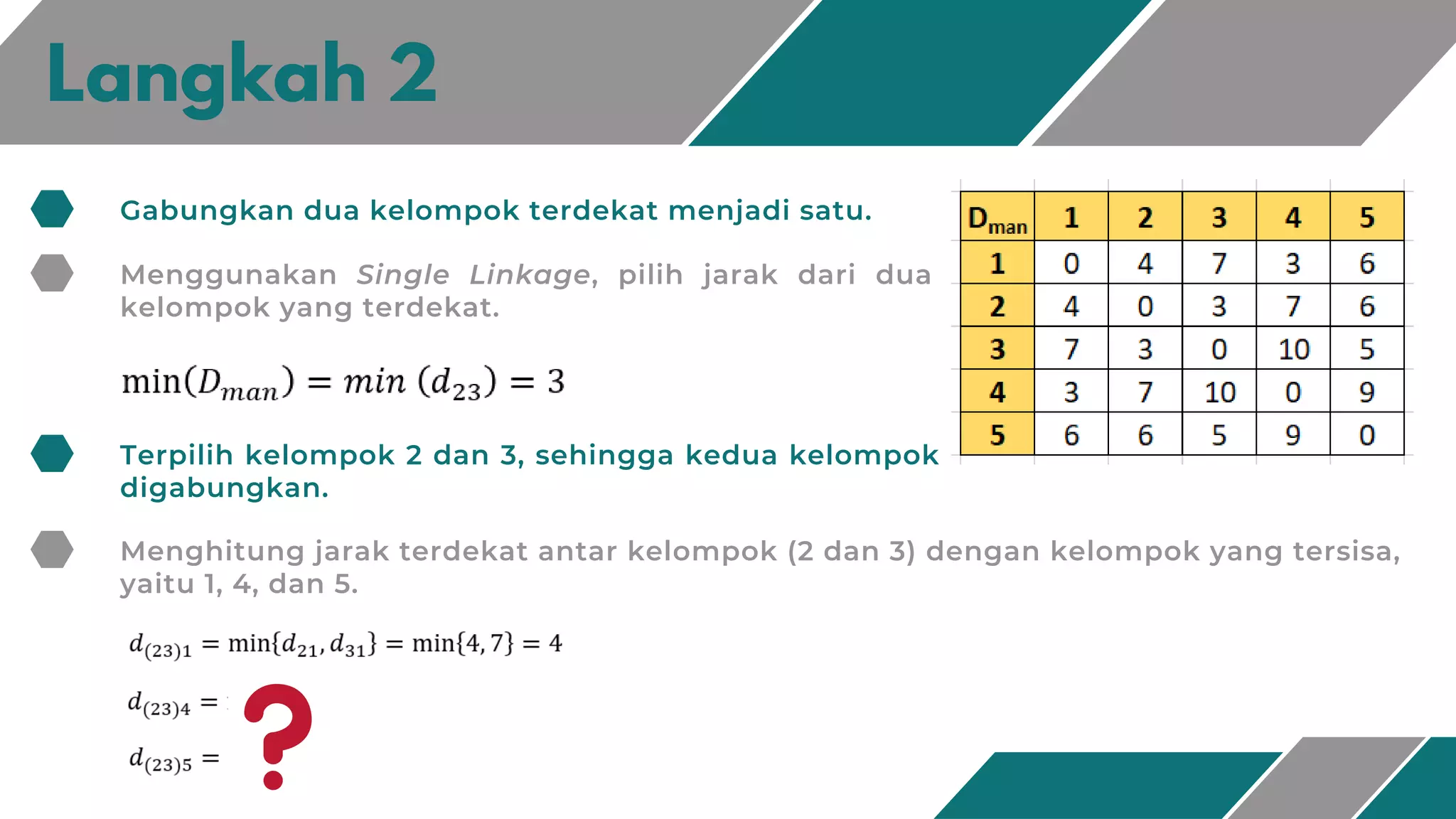 Langkah 2
Gabungkan dua kelompok terdekat menjadi satu.
Menggunakan Single Linkage, pilih jarak dari dua
kelompok yang terdekat.
Terpilih kelompok 2 dan 3, sehingga kedua kelompok
digabungkan.
Menghitung jarak terdekat antar kelompok (2 dan 3) dengan kelompok yang tersisa,
yaitu 1, 4, dan 5.
 
