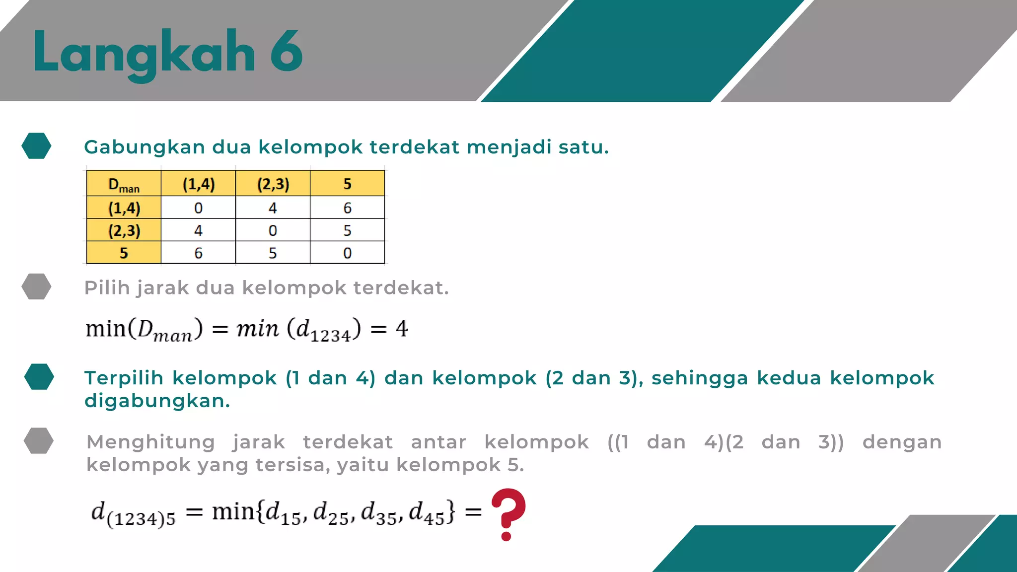 Gabungkan dua kelompok terdekat menjadi satu.
Langkah 6
Pilih jarak dua kelompok terdekat.
Terpilih kelompok (1 dan 4) dan kelompok (2 dan 3), sehingga kedua kelompok
digabungkan.
Menghitung jarak terdekat antar kelompok ((1 dan 4)(2 dan 3)) dengan
kelompok yang tersisa, yaitu kelompok 5.
 