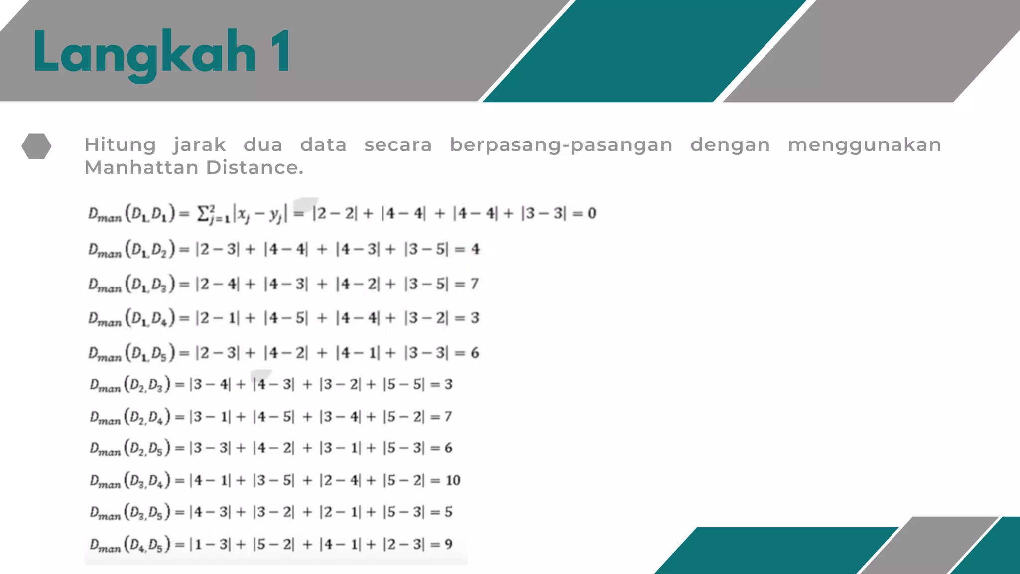 Langkah 1
Hitung jarak dua data secara berpasang-pasangan dengan menggunakan
Manhattan Distance.
 