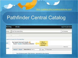 Pathfinder Central Catalog
1 title in
Sunflower
eLibrary
https://catalog.ckls.bywatersolutions.com/
 