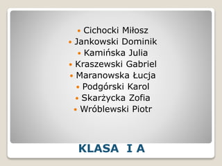 KLASA I A
 Cichocki Miłosz
 Jankowski Dominik
 Kamińska Julia
 Kraszewski Gabriel
 Maranowska Łucja
 Podgórski Karol
 Skarżycka Zofia
 Wróblewski Piotr
 