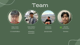 Team
หฤษฎา ดาวสอน
1620307064
CEO,หัวหน้าทีมพัฒนา
กฤษณะ ยินดีตาม
1620307155
สร้างสรรค์และ
ออกแบบสินค้า
นาอีม อีซอ
1620306413
ฝ่ายทดสอบ
นวัช พูนนายม
1620311298
ผู้ควมคุมการผลิต
 