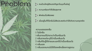 Problem
Problem
ความแรงของกลิ่น
0 ไม่มีกลิ่น
1 กลิ่นจางแต่ไม่ทราบว่าเป็นกลิ่นอะไร
2 กลิ่นจางแต่ระบุได้ว่าเป็นกลิ่นอะไร
3 กลิ่นที่รับรู้ได้ง่ายและบอกได้ว่าเป็นกลิ่นอะไร
4 กลิ่นแรง
5 กลิ่นแรงจนทนไม่ได้ต้องหลีกเลี่ยงการสูดดม
คนส่วนใหญ่ยังมองกัญชาในมุมที่แย่อยู่
ความเครียดทำให้เสียสุขภาพ
พักผ่อนไม่เพียงพอ
เมื่ออยู่ในที่ที่มีกลิ่นไม่พึงประสงค์จะทำให้เกิดความหงุดหงิด
 