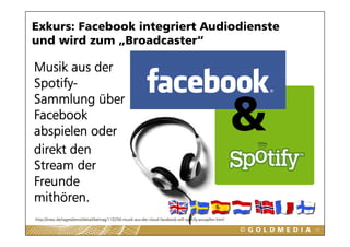 Exkurs: Facebook integriert Audiodienste
und wird zum „Broadcaster
               Broadcaster“

Musik aus der
Spotify-


                                                                                                            &
Sammlung üb
S      l   über
Facebook
abspielen oder
direkt den
Stream der
Freunde
mithören.
http://kress.de/tagesdienst/detail/beitrag/110256-musik-aus-der-cloud-facebook-will-spotify-anzapfen.html

                                                                                                                57
 