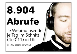 8.904
8 904
Abrufe
Je Webradiosender
je Tag im Schnitt
(4/2011) in Dt
            Dt.
(+14% gegenüber 2010)
 