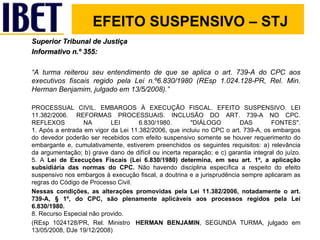 Superior Tribunal de Justiça Informativo n.º 355: “ A turma reiterou seu entendimento de que se aplica o art. 739-A do CPC aos executivos fiscais regido pela Lei n.º6.830/1980 (REsp 1.024.128-PR, Rel. Min. Herman Benjamim, julgado em 13/5/2008).” PROCESSUAL CIVIL. EMBARGOS À EXECUÇÃO FISCAL. EFEITO SUSPENSIVO. LEI 11.382/2006.  REFORMAS PROCESSUAIS. INCLUSÃO DO ART. 739-A NO CPC. REFLEXOS NA LEI 6.830/1980. "DIÁLOGO DAS FONTES". 1. Após a entrada em vigor da Lei 11.382/2006, que incluiu no CPC o art. 739-A, os embargos do devedor poderão ser recebidos com efeito suspensivo somente se houver requerimento do embargante e, cumulativamente, estiverem preenchidos os seguintes requisitos: a) relevância da argumentação; b) grave dano de difícil ou incerta reparação; e c) garantia integral do juízo. 5. A  Lei de Execuções Fiscais (Lei 6.830/1980) determina, em seu art. 1º, a aplicação subsidiária das normas do CPC.  Não havendo disciplina específica a respeito do efeito suspensivo nos embargos à execução fiscal, a doutrina e a jurisprudência sempre aplicaram as regras do Código de Processo Civil. Nessas condições, as alterações promovidas pela Lei 11.382/2006, notadamente o art. 739-A, § 1º, do CPC, são plenamente aplicáveis aos processos regidos pela Lei 6.830/1980. 8. Recurso Especial não provido. (REsp 1024128/PR, Rel. Ministro   HERMAN BENJAMIN , SEGUNDA TURMA, julgado em 13/05/2008, DJe 19/12/2008) EFEITO SUSPENSIVO – STJ 