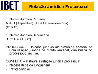 Relação Jurídica Processual Norma Jurídica Primária A    B (dispositiva) -B    C (sancionatória) (S’ R S”) Norma Jurídica Secundária -C    D (S’ R S’’’)  PROCESSO – Relação jurídica instrumental; decorre de uma relação jurídica de direito material, que busca no processo, o seu fim. CONFLITO – instaura a relação jurídica processual Necessidade da Linguagem Petição Inicial 