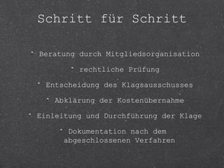 Schritt für Schritt 
Beratung durch Mitgliedsorganisation 
rechtliche Prüfung 
Entscheidung des Klagsausschusses 
Abklärung der Kostenübernahme 
Einleitung und Durchführung der Klage 
Dokumentation nach dem 
abgeschlossenen Verfahren 
 